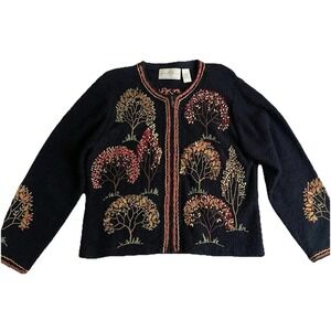 Design Options Large Tree Sweater Zip-Up Cardigan Sweater Felt Fall Embroidered
